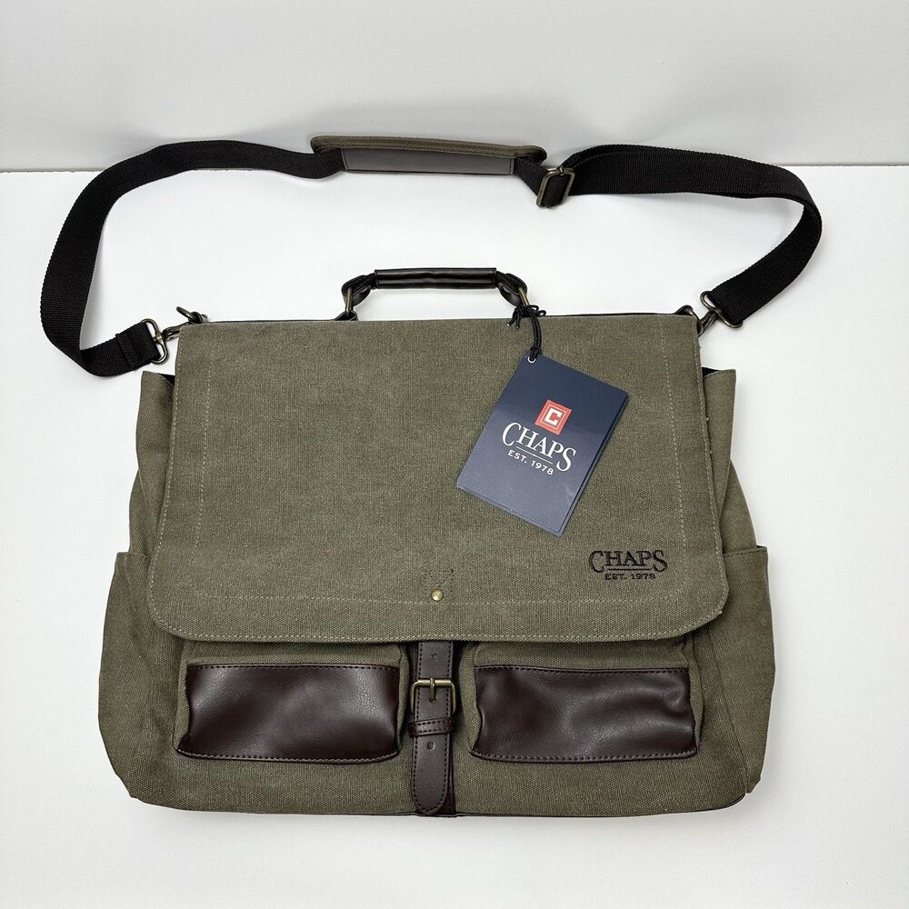 CHAPS Business Messenger Canvas Laptop Shoulder Bag Elmhurst Green Brown